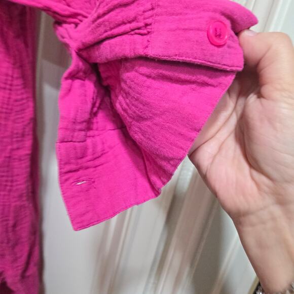 Leota 2X Hot Pink 100% Cotton Button Up Tunic Shirt Roll Tab Sleeve - Picture 6 of 8
